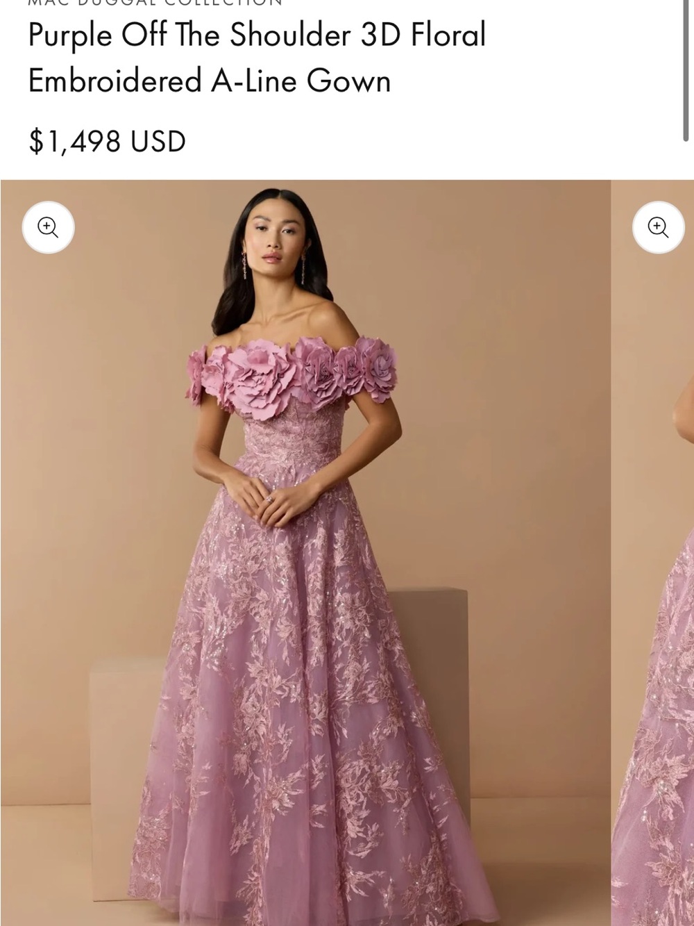 Mac Duggal Purple Off-the-Shoulder 3D Floral Embroidered A-Line Gown